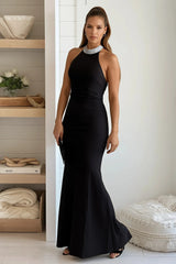 Black Rhinestone Halter Backless Maxi Dress
