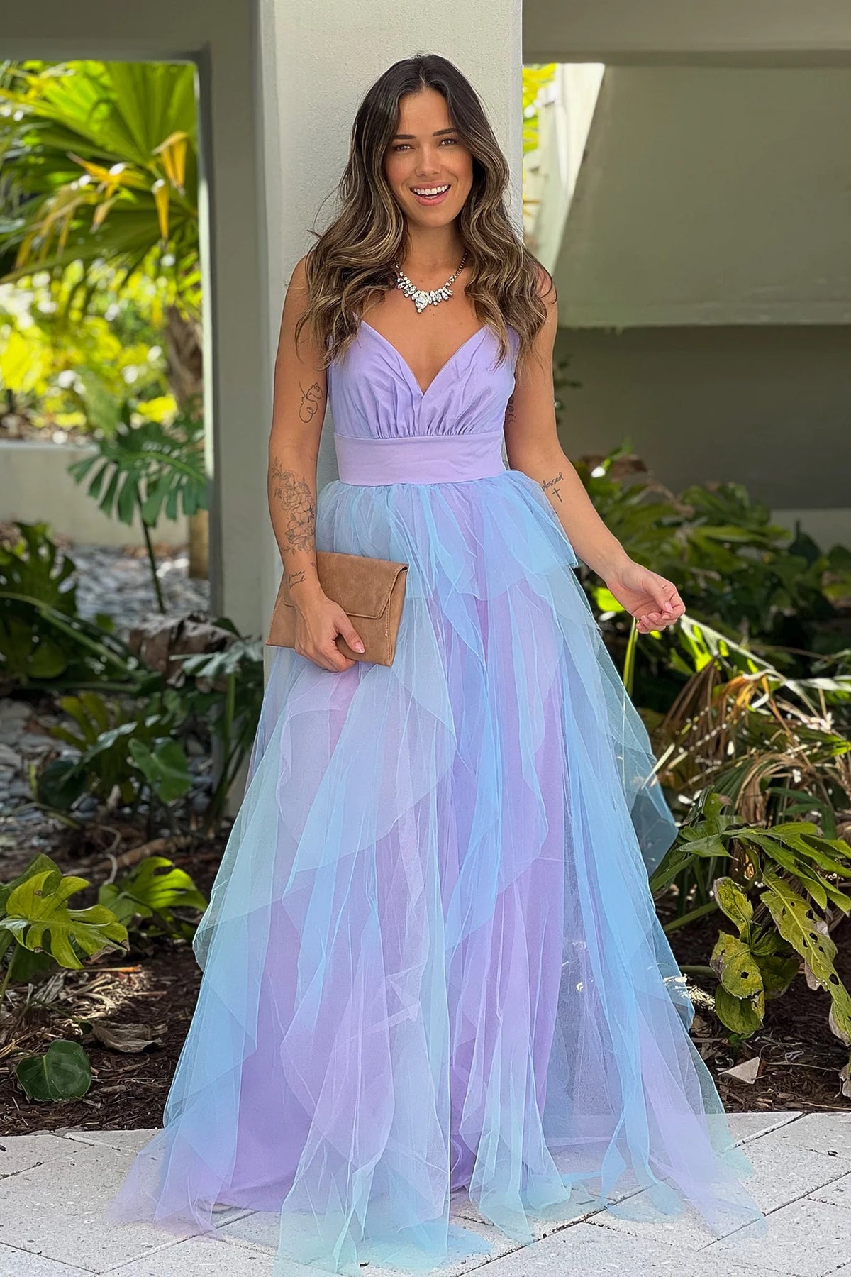 Lavender And Blue Ruffled Mesh Maxi Dress