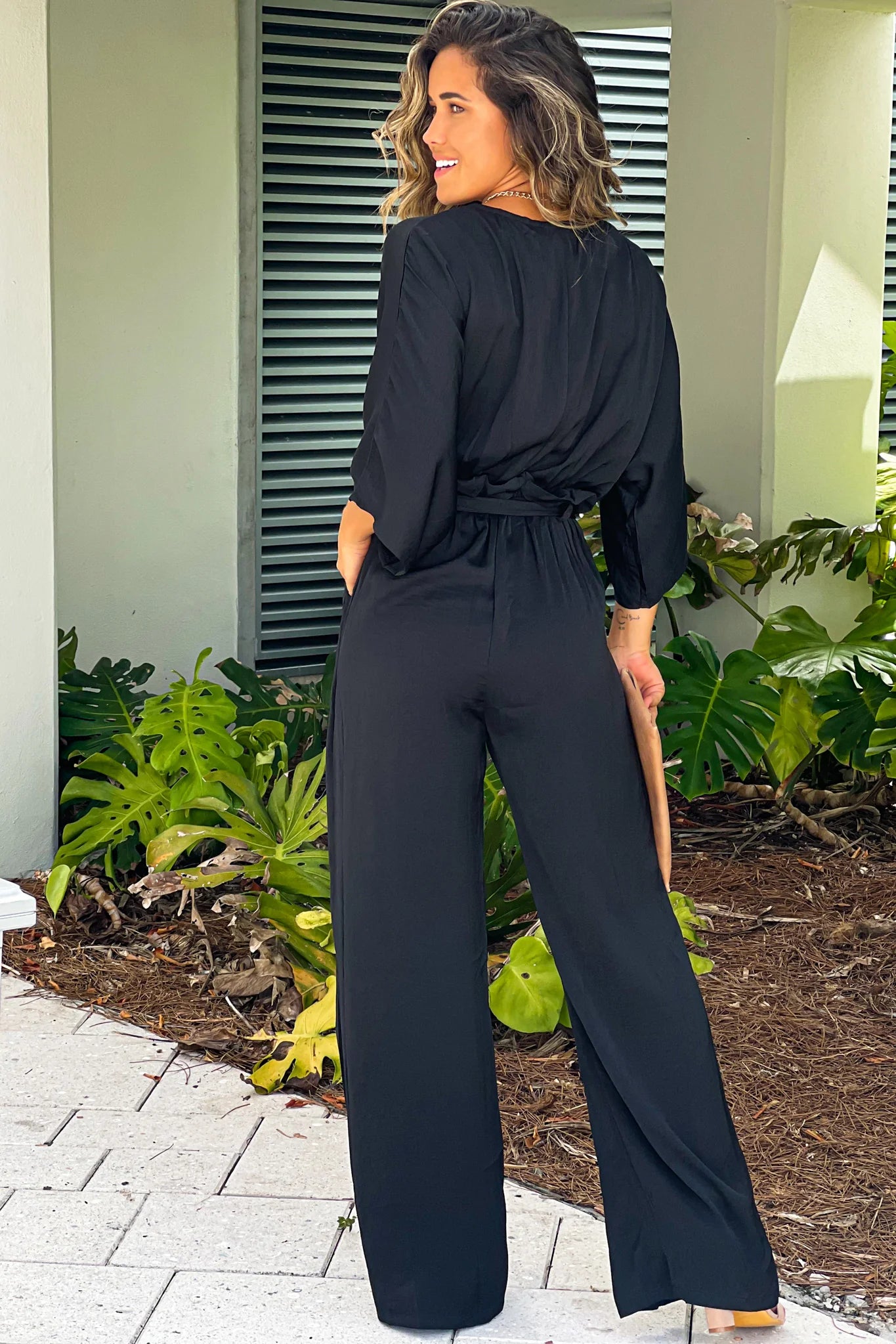 Black Satin V Neck Jumpsuit With Pockets