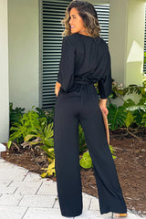 Black Satin V Neck Jumpsuit With Pockets