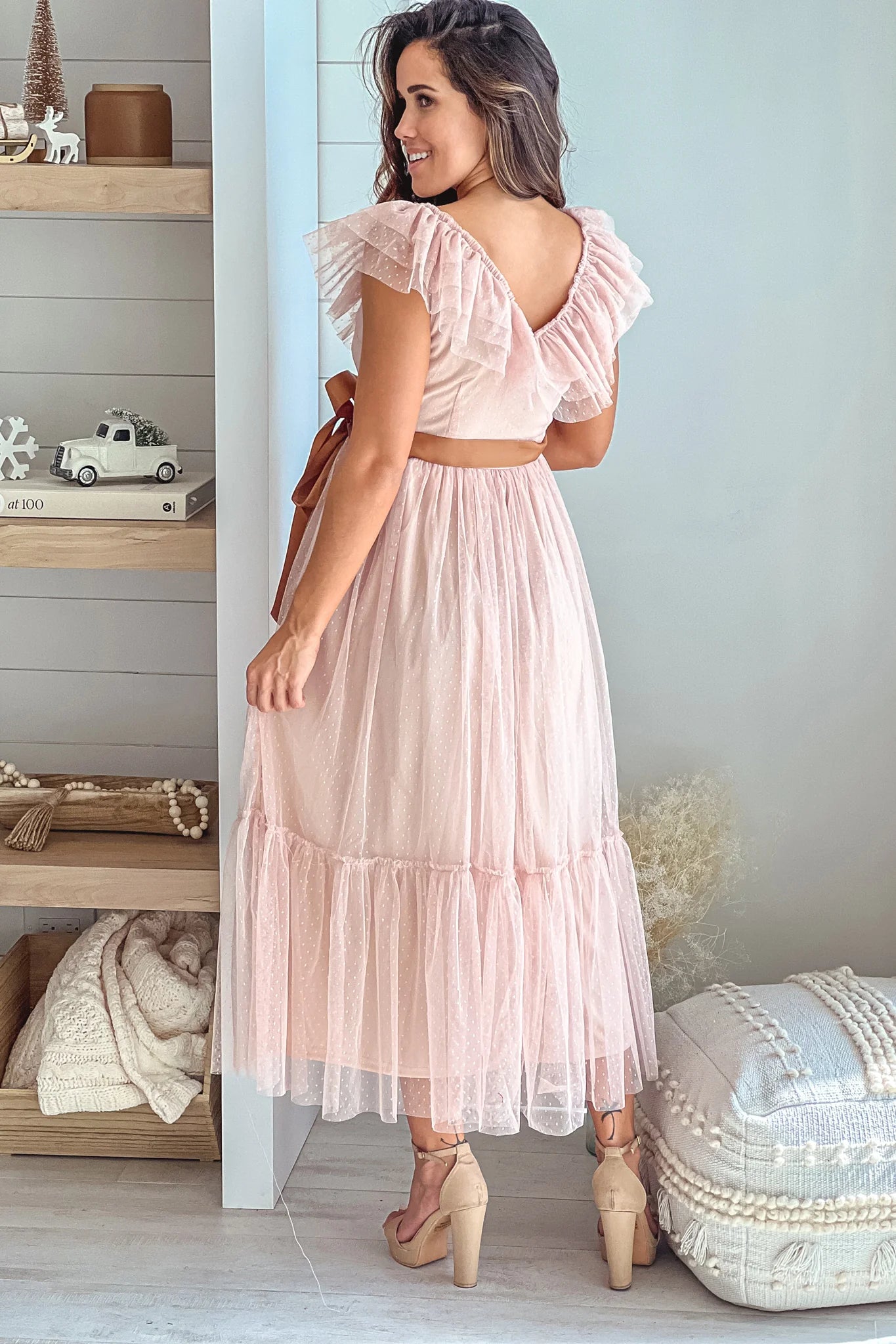 Nude Ruffled Maternity Dress with Satin Belt