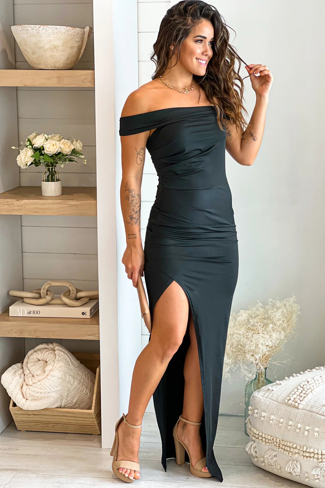 Black One Shoulder Maxi Dress With Slit