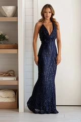 Midnight Sequined Cowl Neck Lace Up Maxi Dress