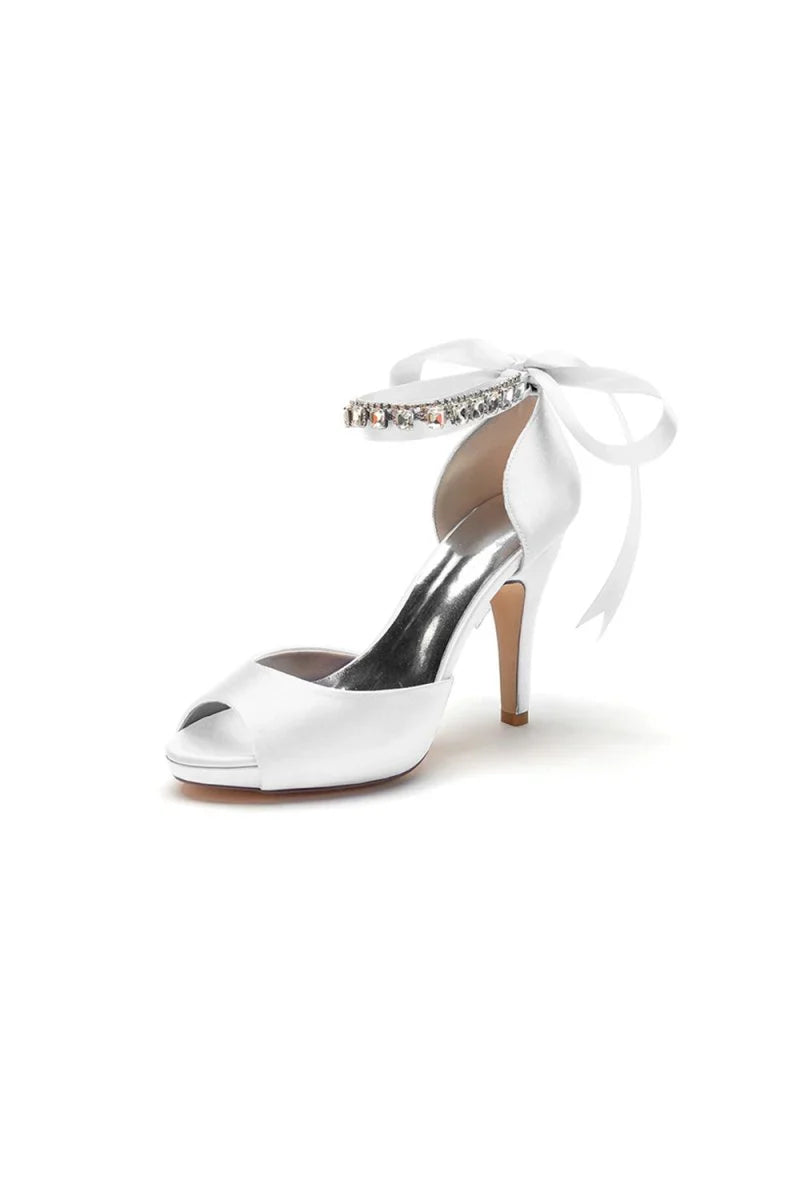 Peep Toe Stiletto Heels with Ankle Rhinestone Strap