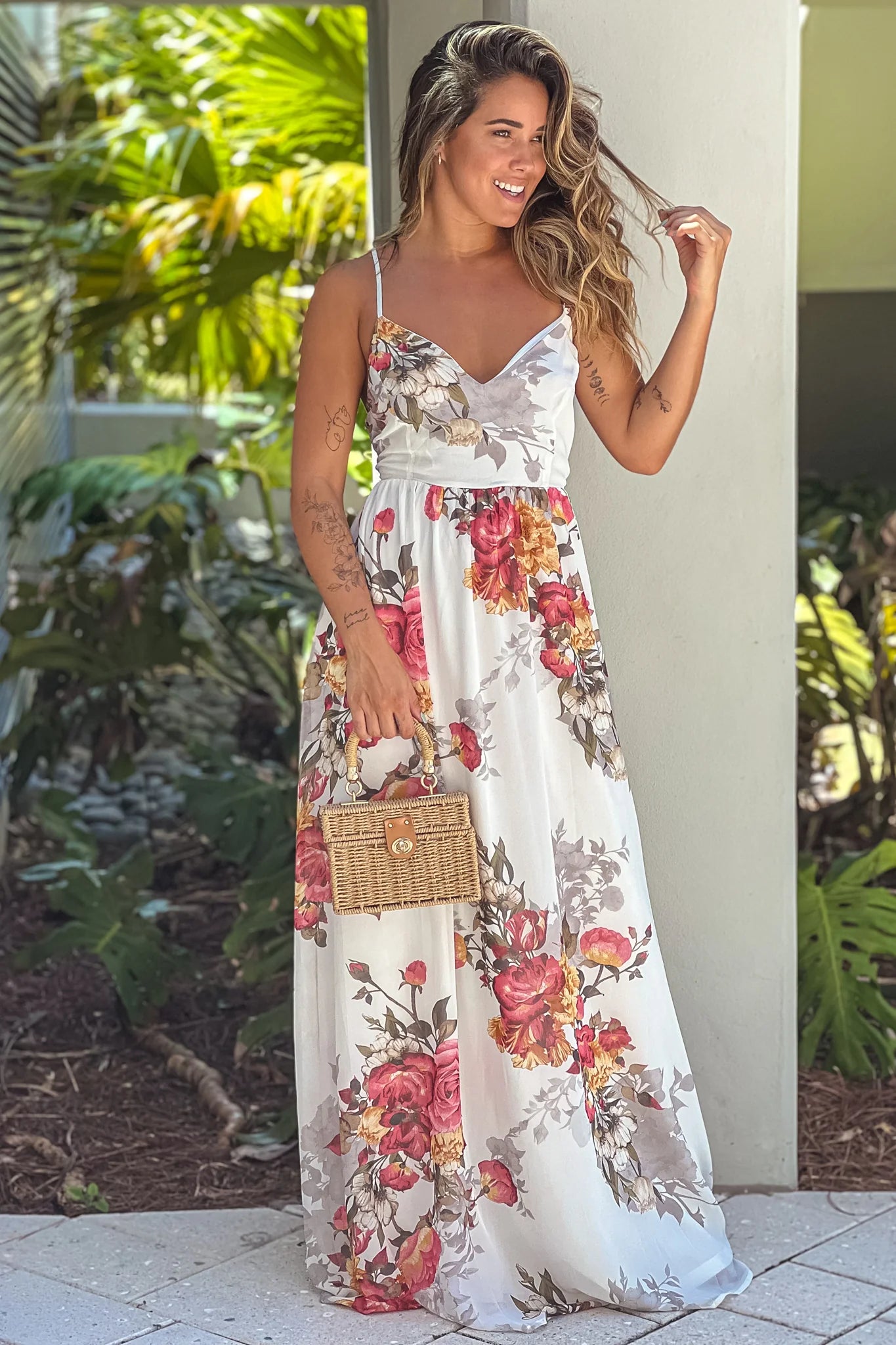 Off White Floral Maxi Dress With Lace Up Back