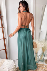 Hunter Green Halter Neck Maxi Dress With Slit