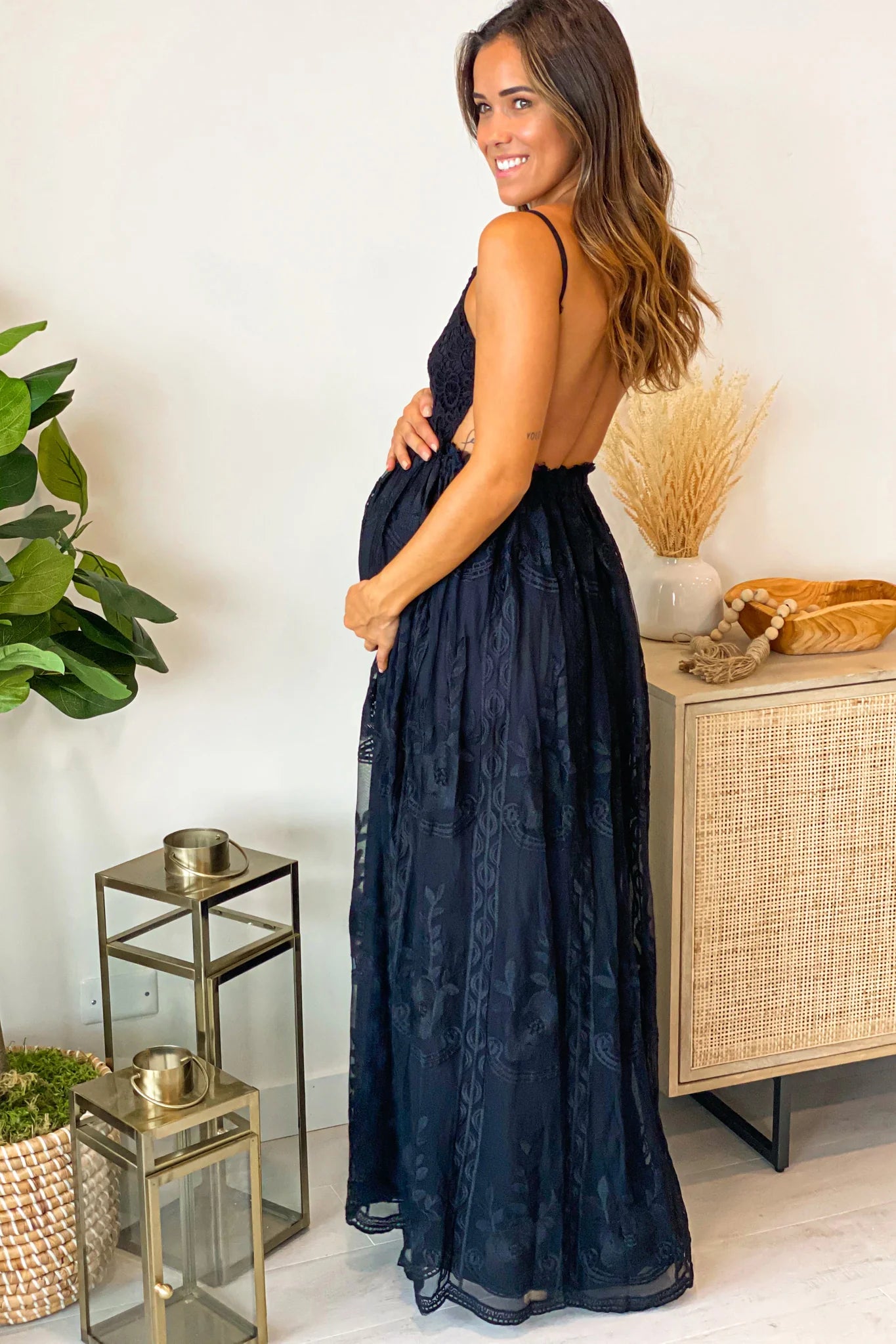 Black Lace Maternity Maxi Dress with Crochet Top