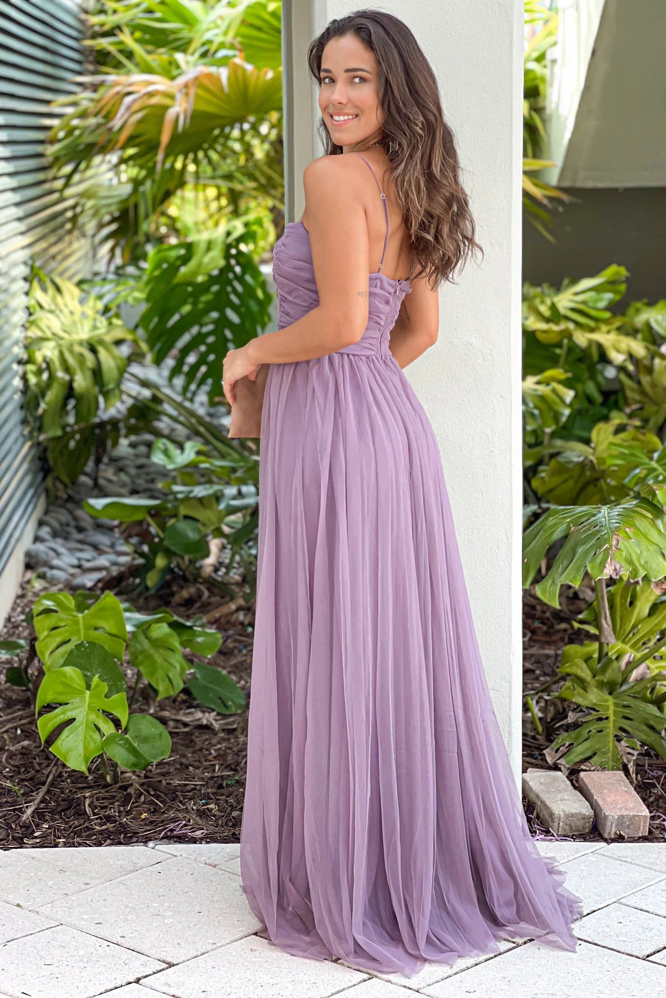 Dark Lavender Tulle Maxi Dress With Front Tie