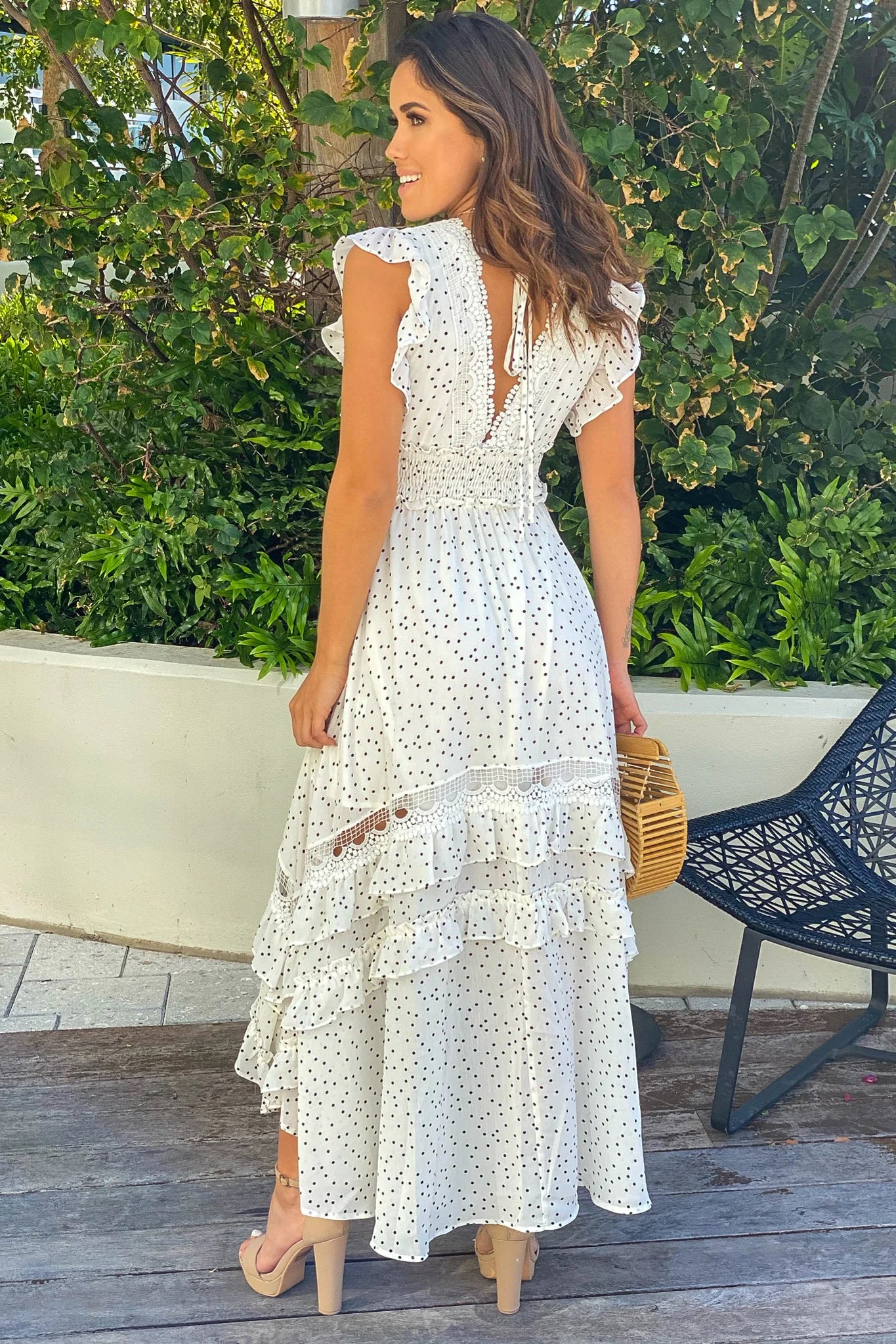 Off White Polka Dot High Low Dress with Ruffles