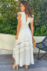 Off White Polka Dot High Low Dress with Ruffles