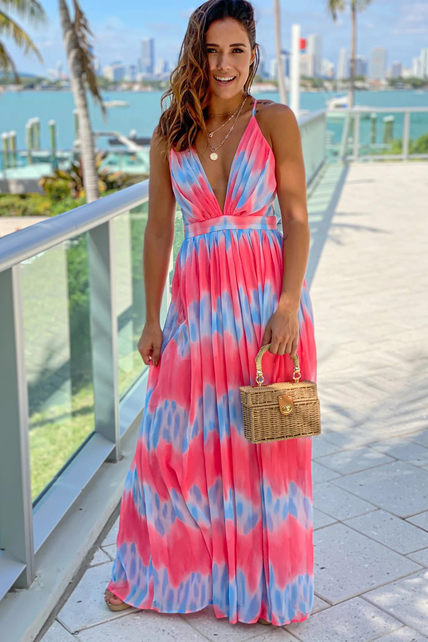 Coral And Blue Printed Maxi Dress