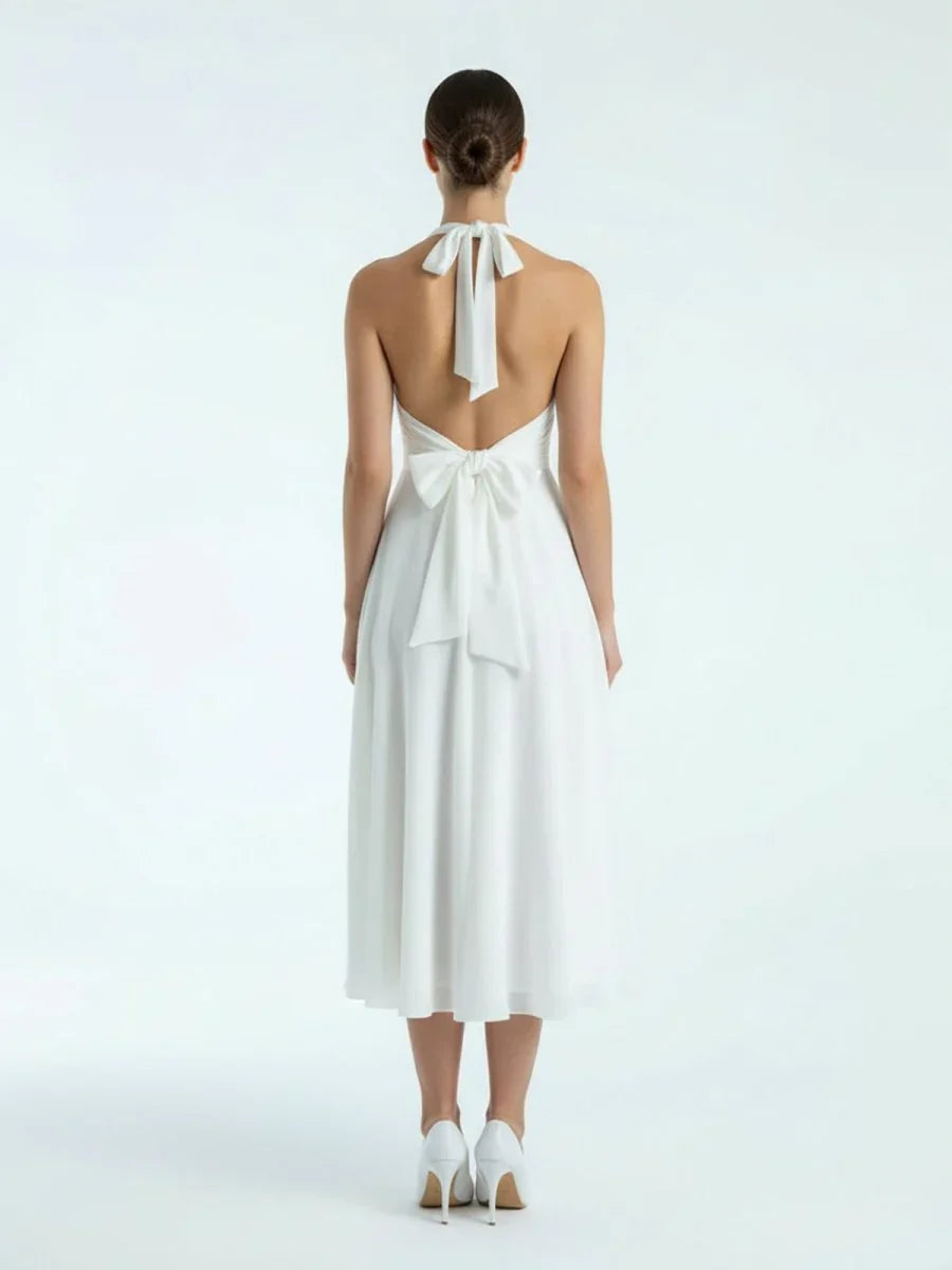 Vintage Tea Length Chiffon Wedding Dress With Halter Neck and Bow