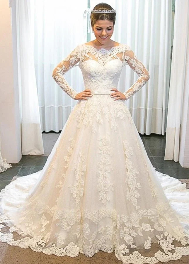 A line Lace Long Sleeves Wedding Dress Chapel Train