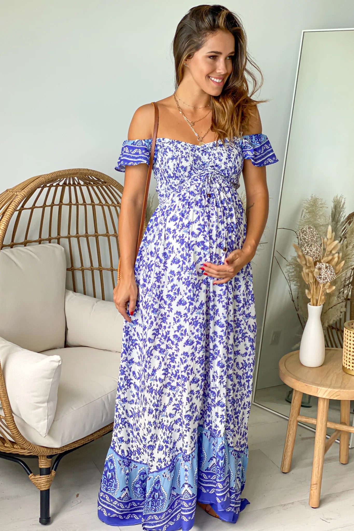 Blue Floral Off Shoulder Maternity Maxi Dress