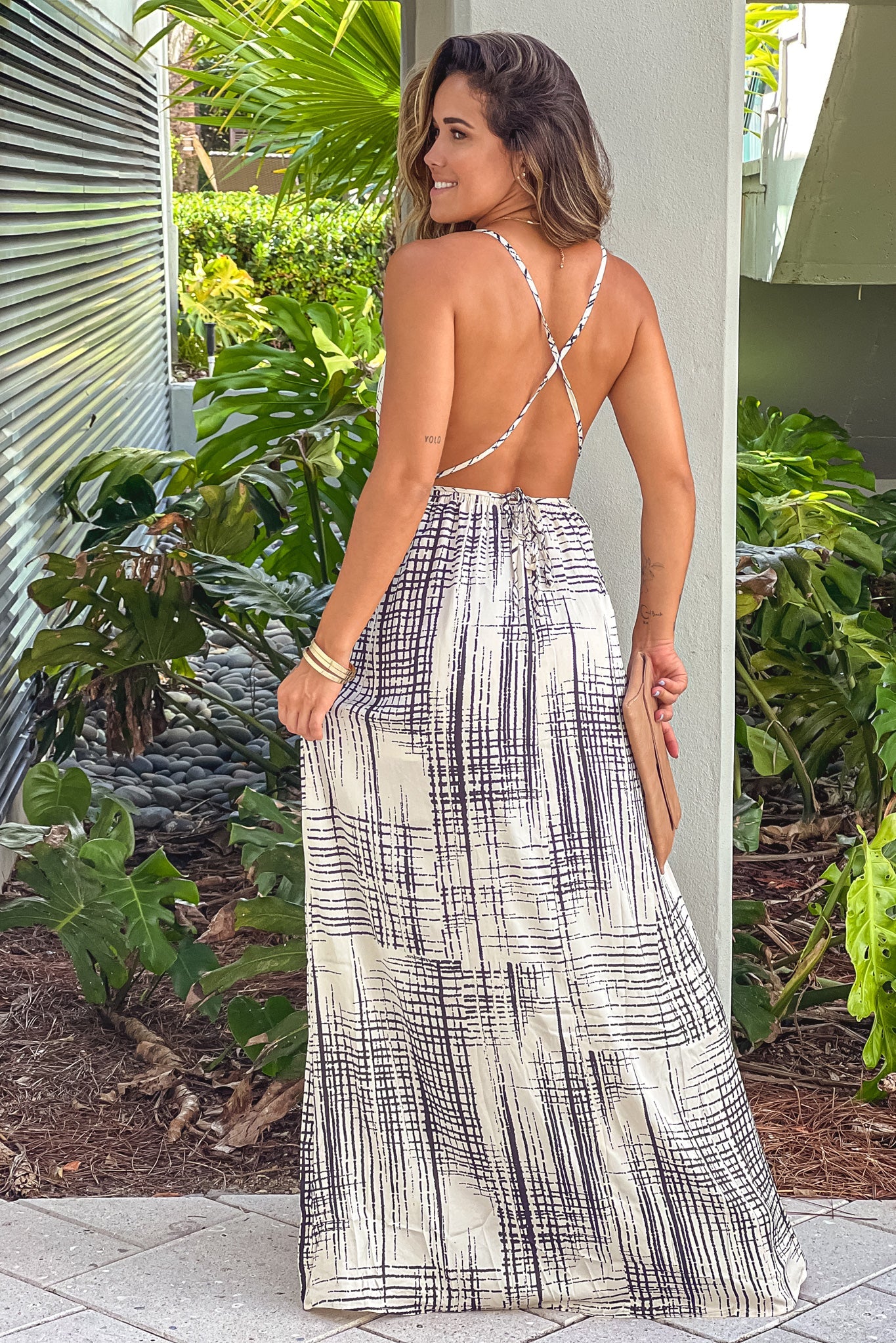 Black And White Printed Halter Neck Maxi Dress With Slit
