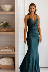 Hunter Green Glitter Ruched Maxi Dress