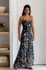 Black Printed Mesh Maxi Dress With Slit