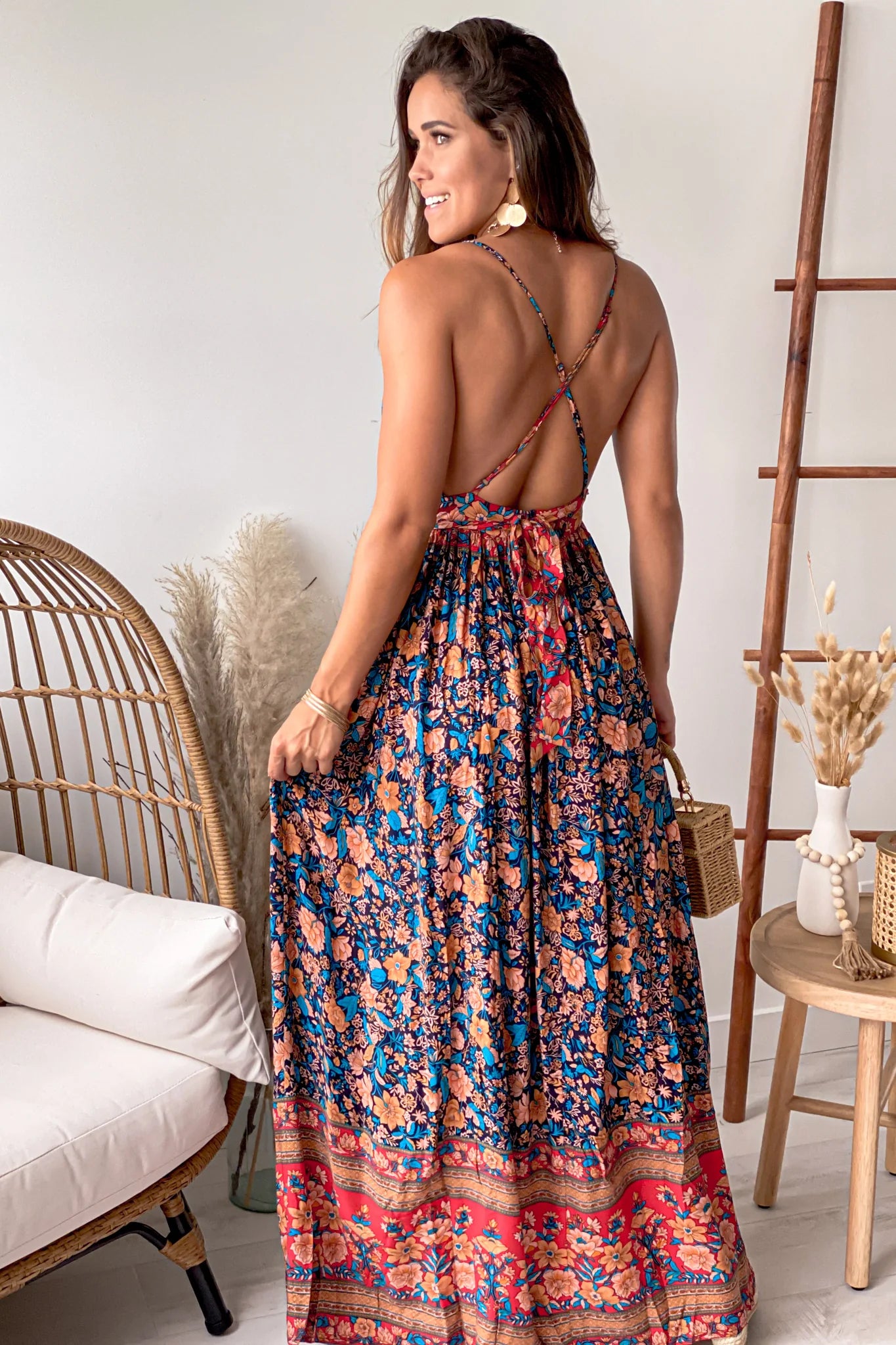 Navy Printed V Neck Maxi Dress