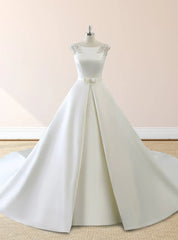 White Satin Cap Sleeve Lace Up Wedding Dress With Pearls