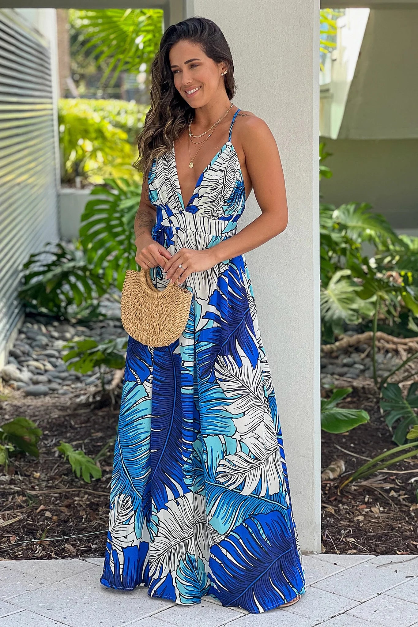 Royal Blue Printed V Neck Maxi Dress