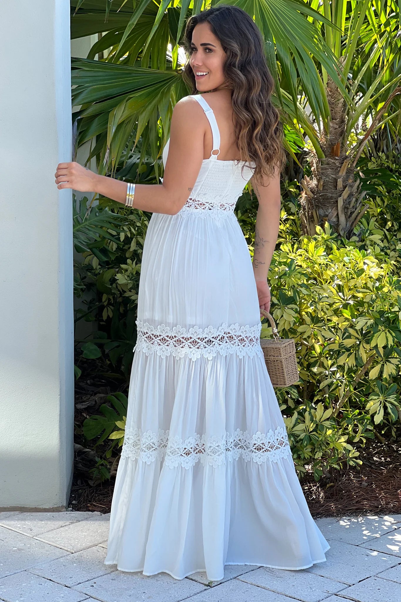 Ivory Maxi Dress With Crochet Trim And Slit