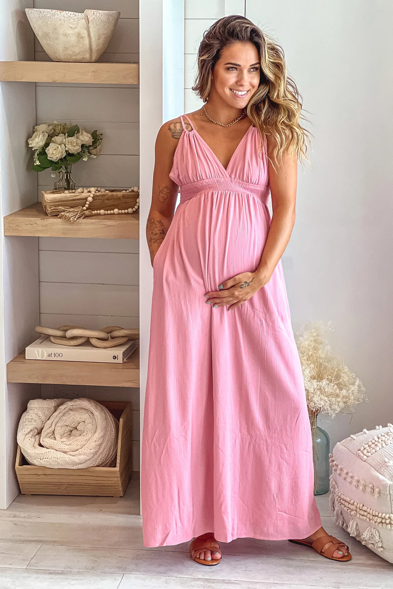 Rose V Neck Maternity Maxi Dress with Pockets