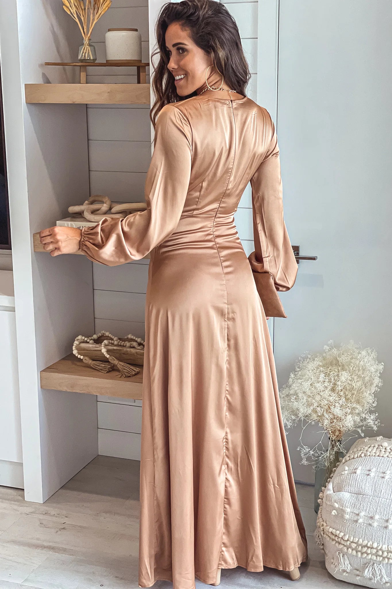 Champagne Satin V Neck Maxi Dress With Slit
