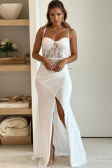 Ivory Sheer Lace Corset Bodice Maxi Dress