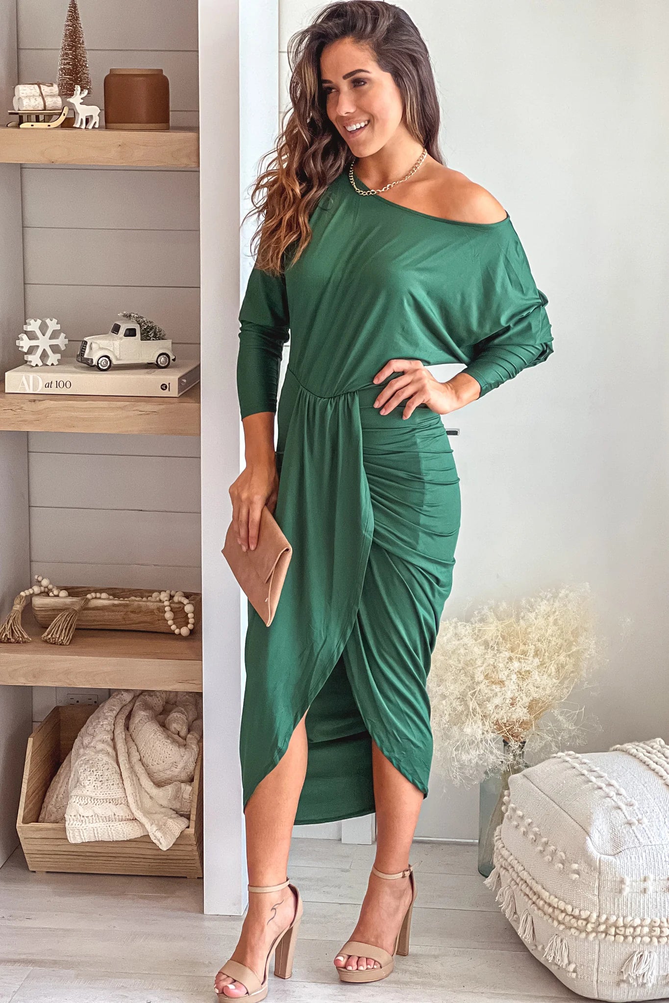 Hunter Green One Shoulder Ruched Dress