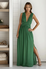 Green V Neck Maxi Dress With Slit And Pleated Top Detail