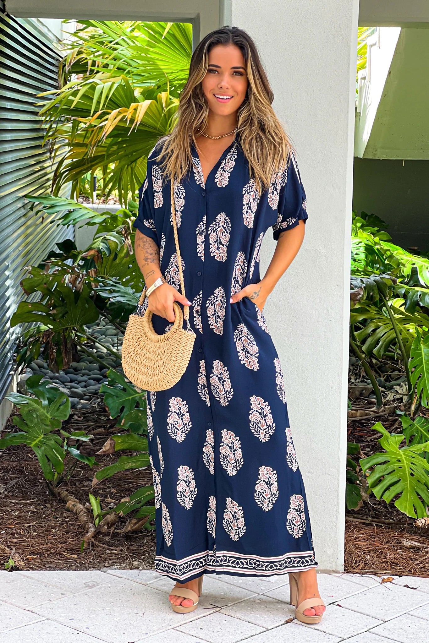 Navy Printed Button Down Maxi Dress