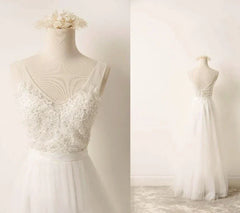 A Line Tulle Lace V Neck Wedding Dress With Sweep Train