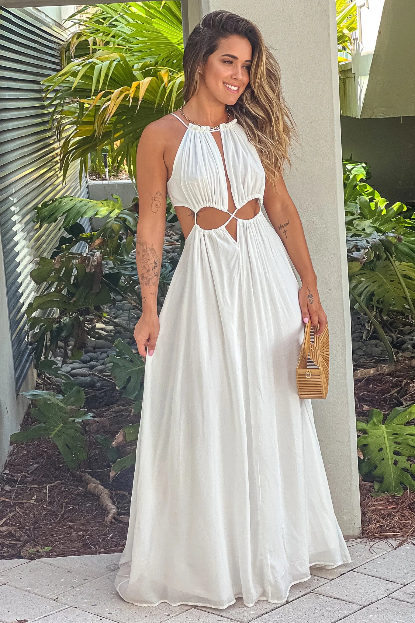 Off White Maxi Dress With Cut Out