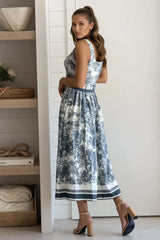 Charcoal Printed Square Neck Midi Dress