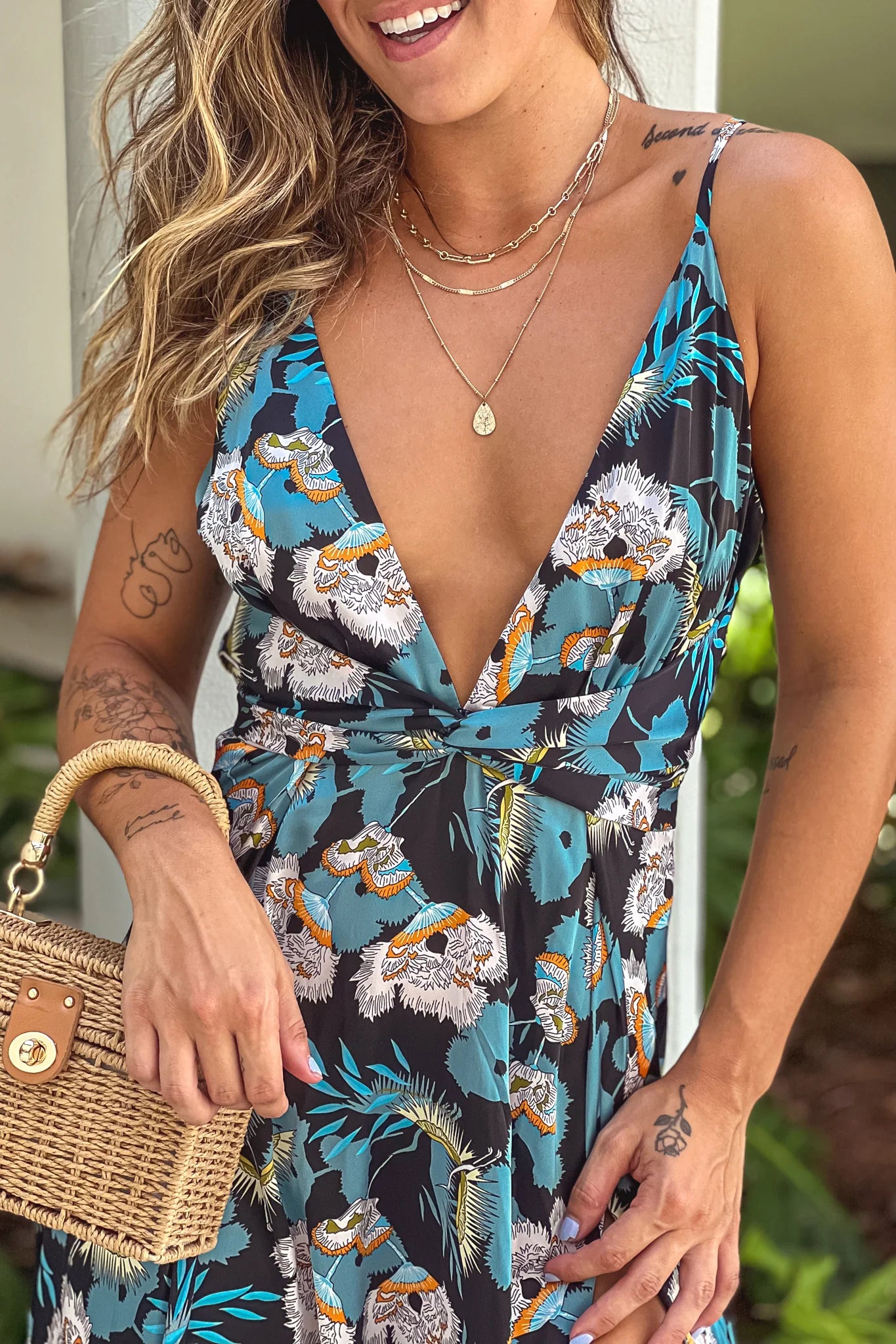 Blue Printed V Neck Maxi Dress With Slit