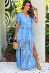 Blue Lace Maxi Dress With Slit And Tie Waist