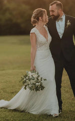 Sheath V neck Chiffon Modern Wedding Dress With Short Sleeve And Sweep Train