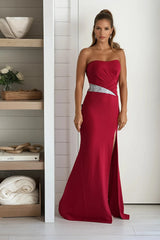 Red Maxi Dress With Rhinestone Waist Detail And Slit