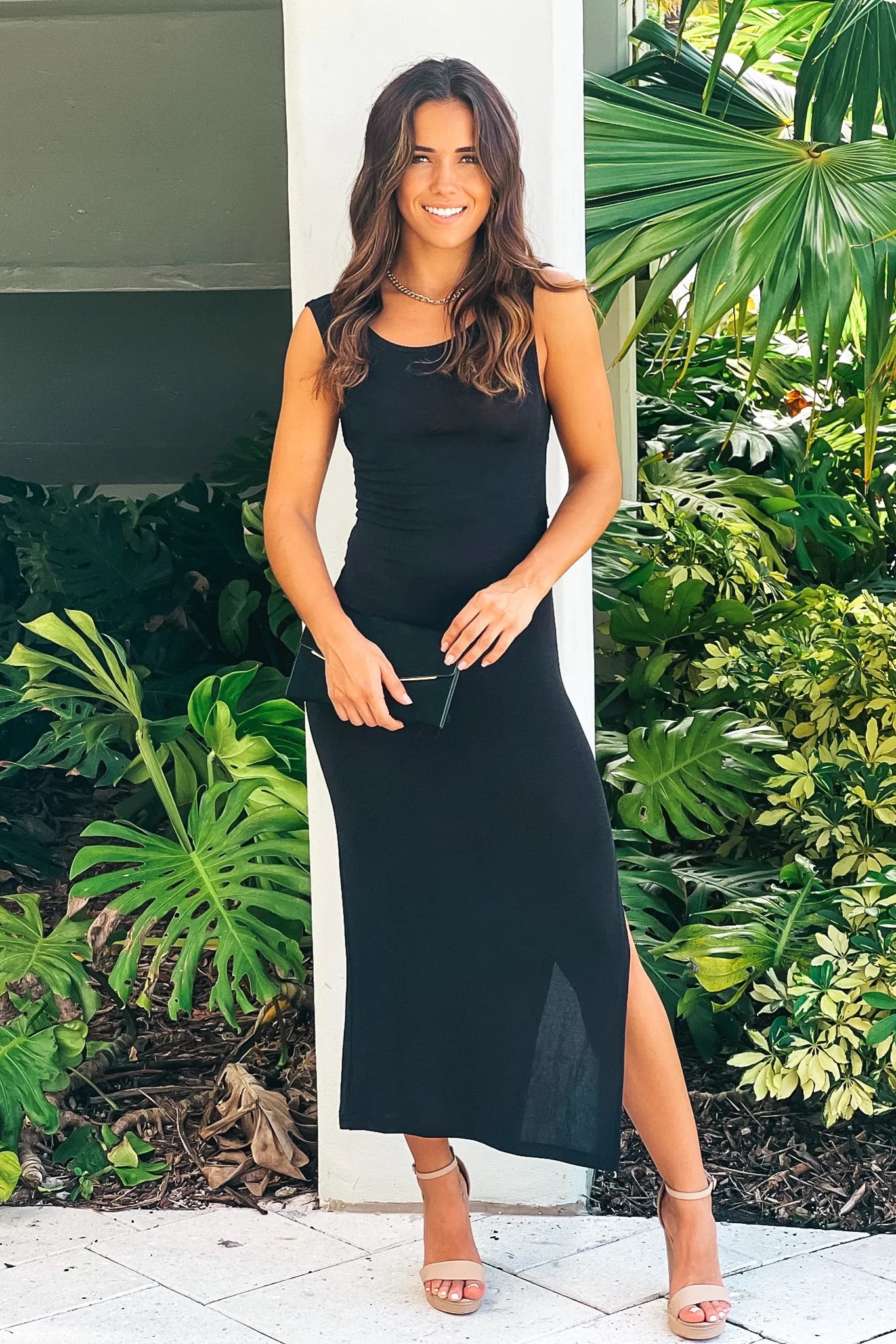 Black Slinky Sleeveless Midi Dress With Open Back