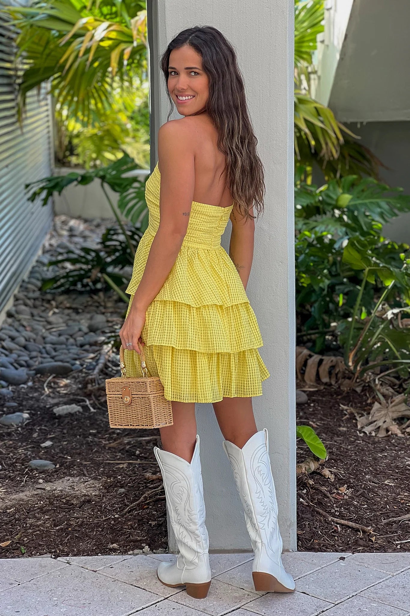 Lemon Gingham Tiered Short Dress