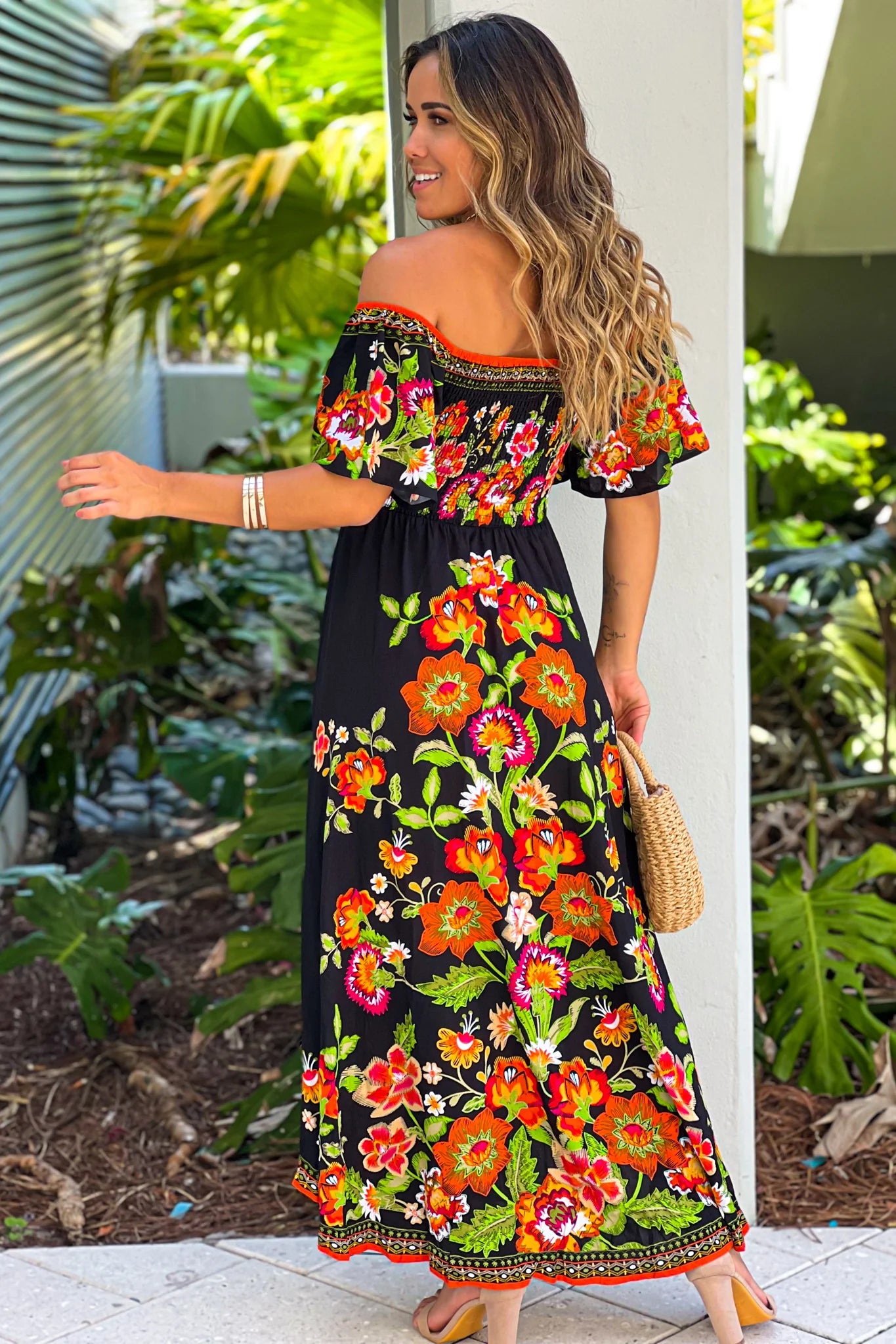 Black And Orange Printed Off Shoulder High Low Dress