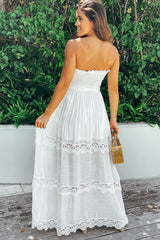 Off White Strapless Maxi Dress With Crochet Details