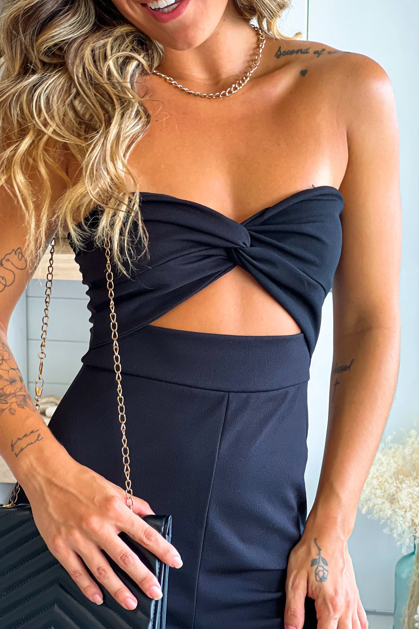Black Strapless Jumpsuit With Cut Out
