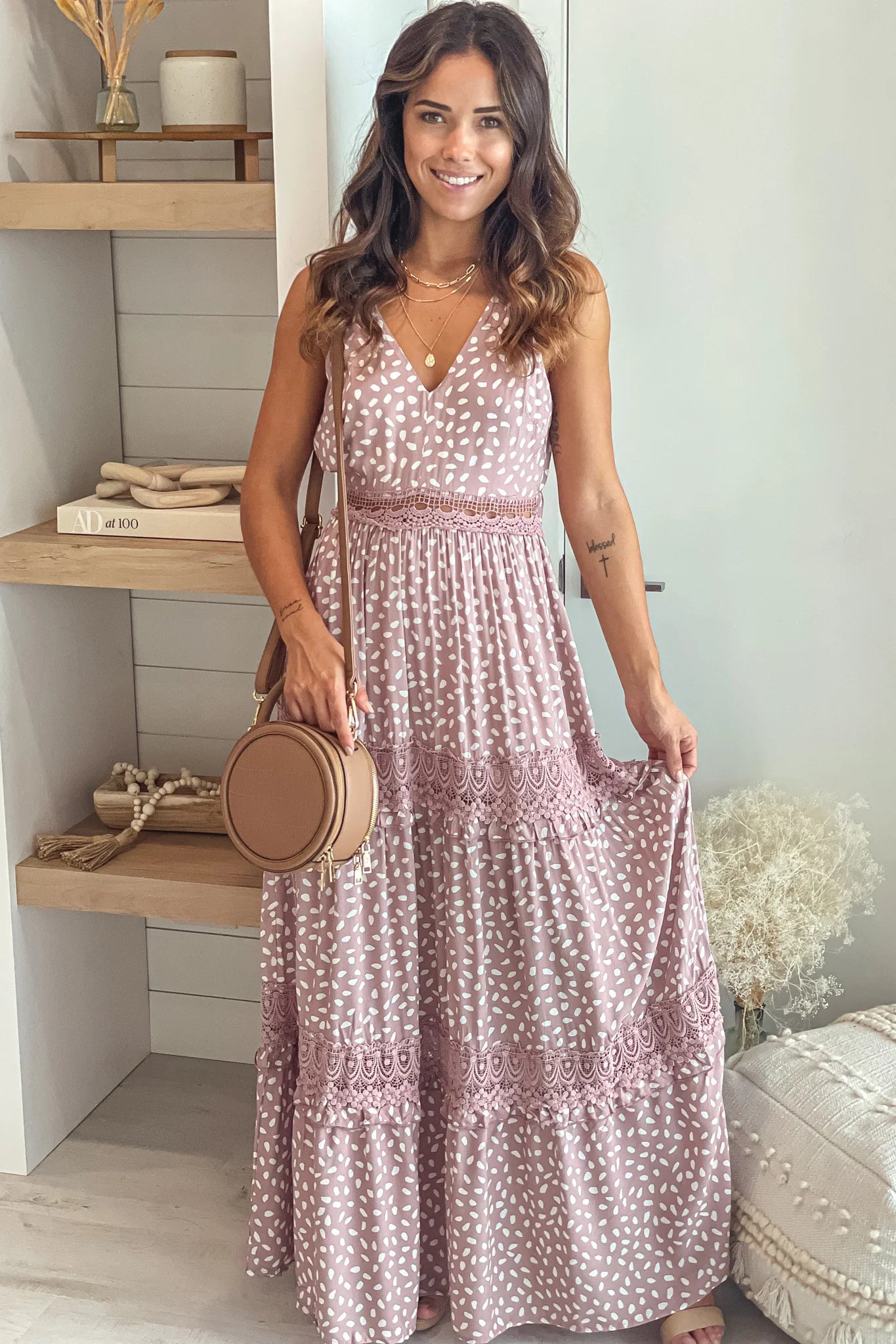 Mauve Printed V Neck Maxi Dress With Crochet Trim