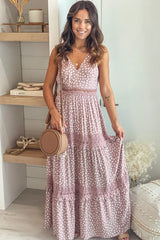 Mauve Printed V Neck Maxi Dress With Crochet Trim