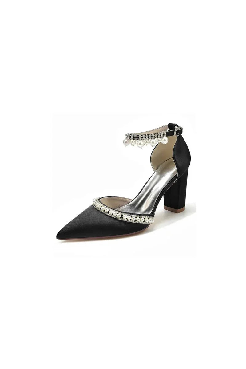 Womens Wedding Shoes Satin Block Heel Pearl Rhinestone Tassel Wedding Shoes
