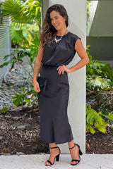 Black Satin Midi Dress