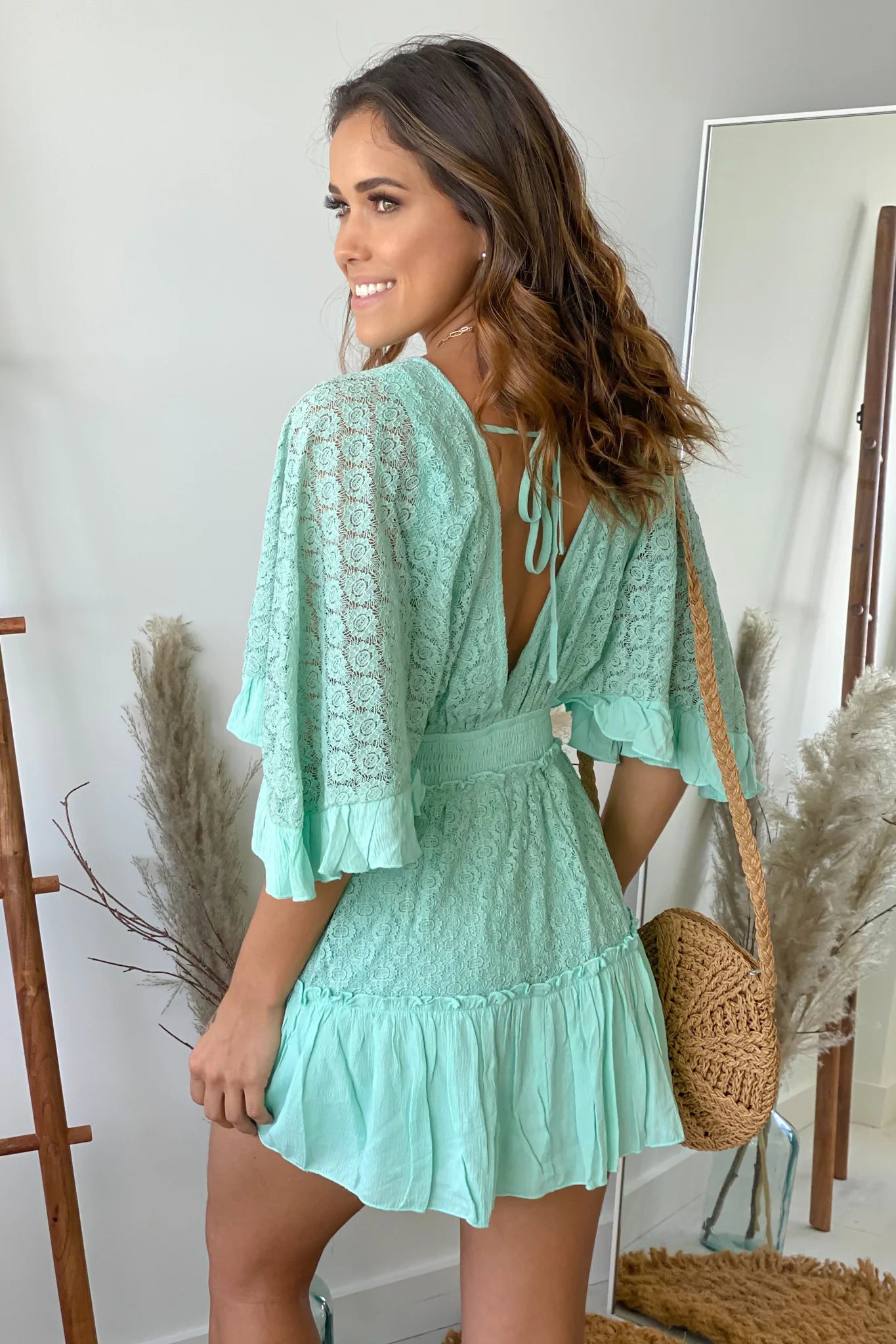 Mint Lace Romper With Bell Sleeves