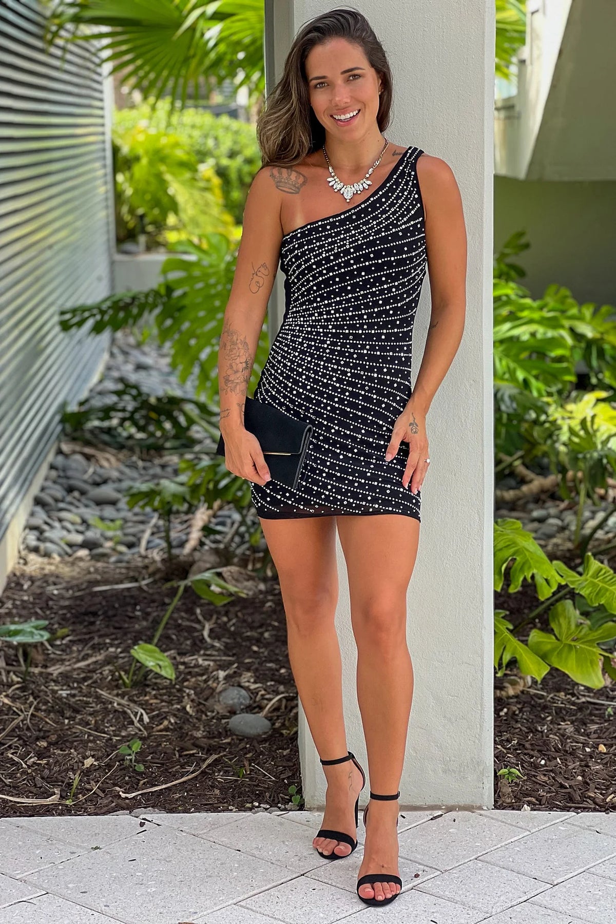 Black Rhinestone One Shoulder Short Dress