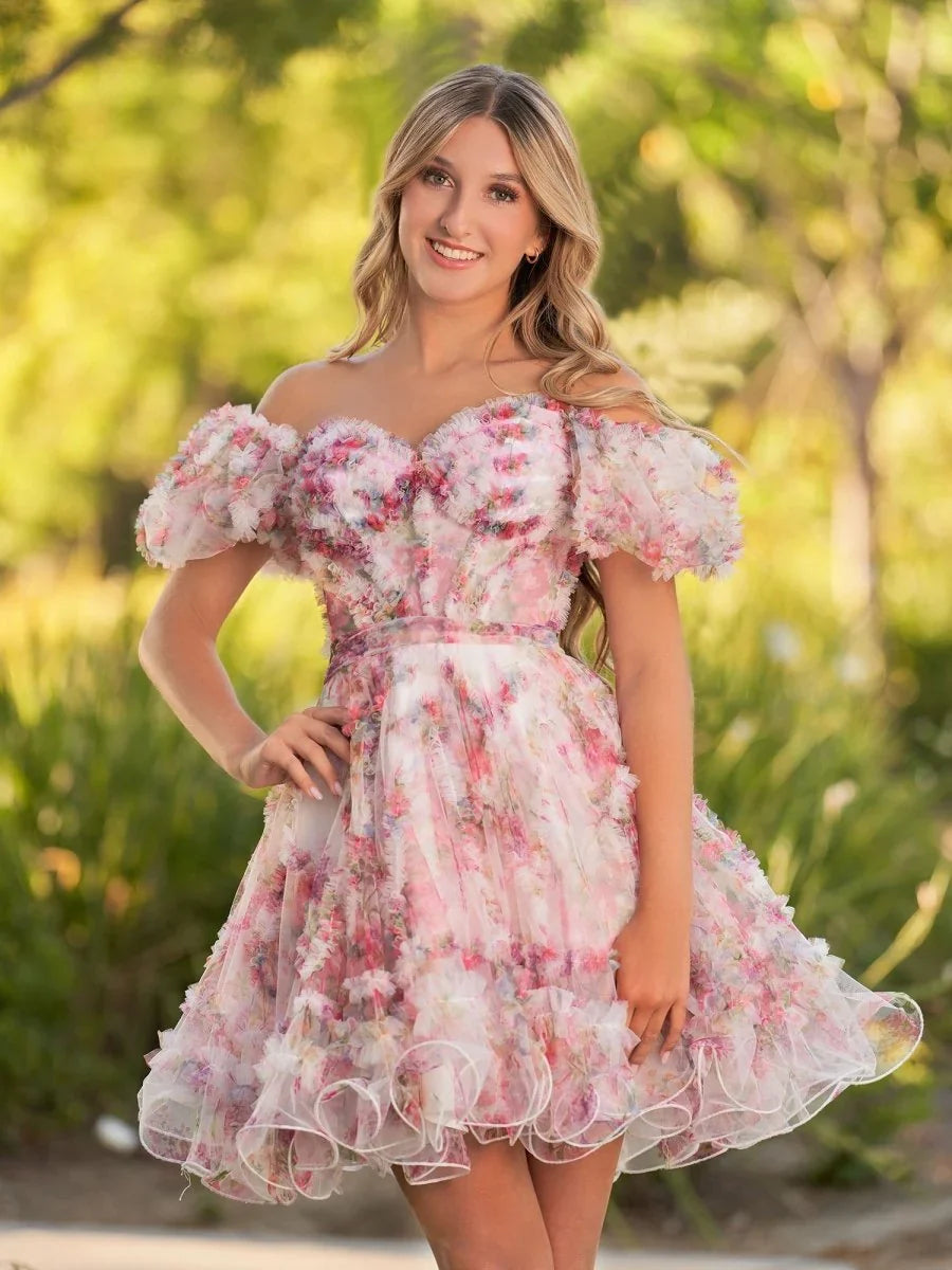 Ivana A Line Off the Shoulder Printed Tulle Short Homecoming Dress